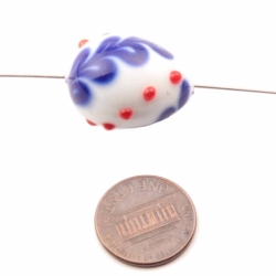 Large 24mm Vintage Czech blue feather marble red dot overlay white egg lampwork glass bead