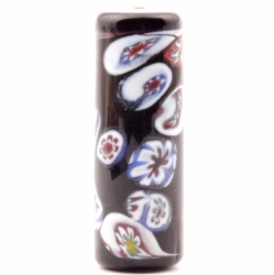 Large 39mm Vintage Czech Venetian style millefiori lampwork black cylinder glass bead