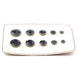 Sample card (10) Czech Art Deco 1920's Vintage silver metallic black faceted glass buttons