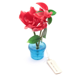 Vintage Art Deco Czech lampwork Glass red flowers blue plant pot ornament miniature dolls house