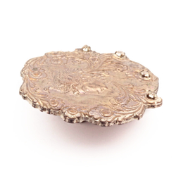 Antique Art Nouveau metal floral pictorial portrait woman peacock headdress rhinestone button