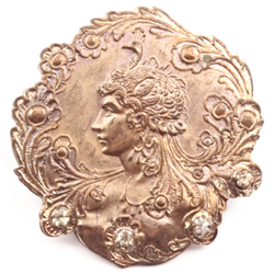 Antique Art Nouveau metal floral pictorial portrait woman peacock headdress rhinestone button