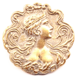 Antique Art Nouveau gold metal floral pictorial portrait button