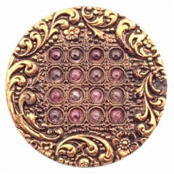 32mm Antique German Czech Victorian 2 part floral pink glass rhinestone repousse tinned metal button