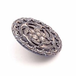 31mm Antique German Czech Victorian 3 part floral pierced glass rhinestone repousse tinned metal button