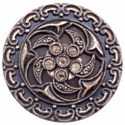 31mm Antique German Czech Victorian 3 part floral pierced glass rhinestone repousse tinned metal button