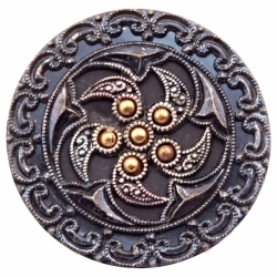 31mm Antique German Czech Victorian 3 part floral pierced gold glass rhinestone repousse tinned metal button