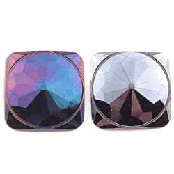 Lot (2) 26mm antique Victorian Czech metallic iridescent geometric faceted square black glass buttons