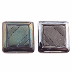 Lot (2) 23mm antique Victorian Czech metallic iridescent geometric faceted faux satin fabric square black glass buttons