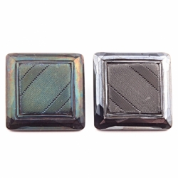 Lot (2) 23mm antique Victorian Czech metallic iridescent geometric faceted faux satin fabric square black glass buttons