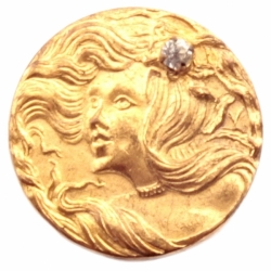 19mm Antique German Czech Art Nouveau gold metal pictorial portrait rhinestone button 