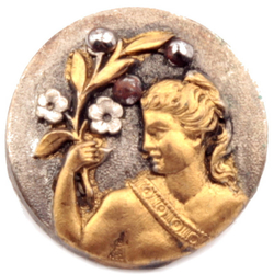 Antique art Nouveau gold gilt marcasite press stamped silver metal floral lady picture button