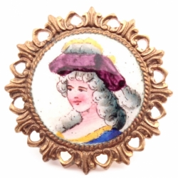 23mm Antique German Czech C19th Victorian Emaux Peints hand painted enamel lady metal picture button