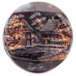 18mm antique 1850's Czech hand gold gilt Bohemian village black picture historical glass button