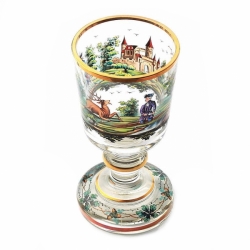 Antique German C19th hand painted Napoleonic deer hunt crystal glass goblet