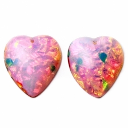 Lot (2) 20x17mm Czech vintage foil harlequin faux fire opal heart glass cabochons