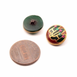Lot (2) 13mm collectable antique Art Nouveau Czech gold gilt spot overlay green art glass buttons
