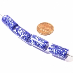 Lot (4) 20mm vintage Czech lapis blue white marble lampwork cylinder glass beads