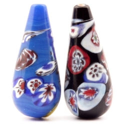 2 Vintage Czech millefiori lampwork black blue teardrop glass beads 35mm