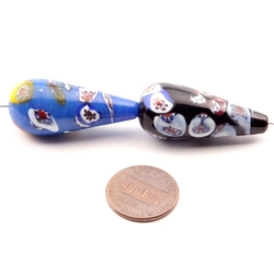 2 Vintage Czech millefiori lampwork black blue teardrop glass beads 35mm