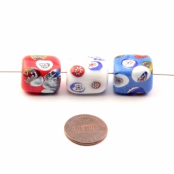 Lot (3) 17mm Vintage Czech Venetian style millefiori lampwork red white blue rectangle glass beads