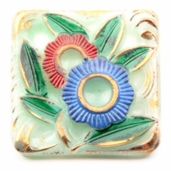 25mm Czech vintage hand painted gold gilt floral square Uranium glass button