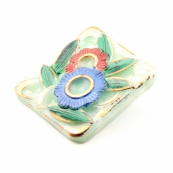 25mm Czech vintage hand painted gold gilt floral square Uranium glass button