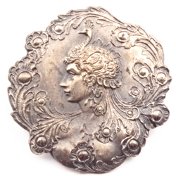 Antique Art Nouveau metal floral pictorial portrait woman peacock headdress button