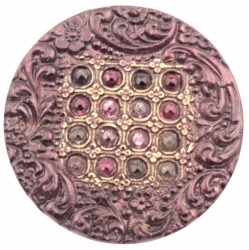 32mm Antique German Czech Victorian 2 part floral glass rhinestone repousse tinned metal button