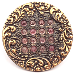 32mm Antique Victorian 2 part floral glass rhinestone repousse gold metallic tinned metal button