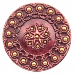 31mm Antique German Czech Victorian 3 part floral filigree pierced gold glass rhinestone repousse tinned metal button