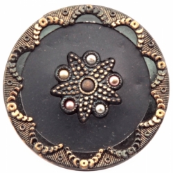 31mm Antique German Czech Victorian 4 part floral metallic rhinestone repousse tinned metal button