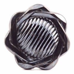 Large 28mm antique Czech metallic iridescent floral ribbed black glass button 