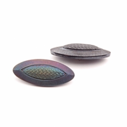 Lot (2) 35mm antique Victorian Czech metallic iridescent oval ribbed weave design black glass buttons