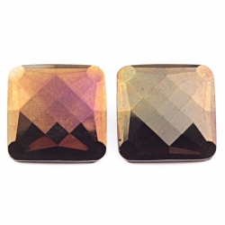 Lot (2) 25mm antique Victorian Czech metallic iridescent geometric faceted square black glass buttons