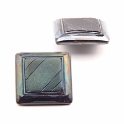 Lot (2) 23mm antique Victorian Czech metallic iridescent geometric faceted faux satin fabric square black glass buttons