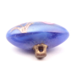 Antique Victorian Czech pink satin floral gold lampwork blue oval glass button 13mm