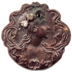 Antique Egyptian revival Art Nouveau pewter metal floral pictorial portrait woman rhinestone button