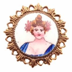 23mm Antique German Czech C19th Victorian Emaux Peints enamel lady metal picture button