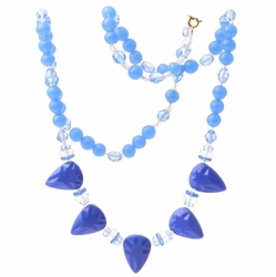 Czech vintage necklace rare blue axe head pendant chalcedony opaline glass beads