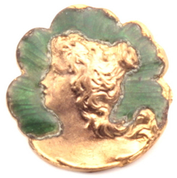 Antique Art Nouveau gold plated metal hand enamel painted portrait lady picture button