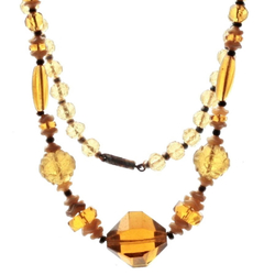 Vintage Czech Art Deco necklace amber carved flower satin rondelle glass beads