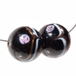 Lot (2) 15mm Czech lampwork glass beads white aventurine gold pink satin floral black