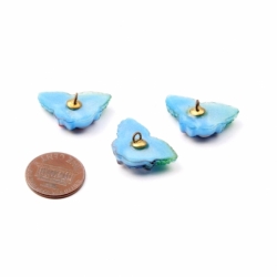 Lot (3) 25mm Czech Vintage 14k gold gilt rose flower blue satin art glass buttons