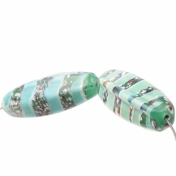 Lot (2) 27mm vintage Czech lampwork spatter marble green spiral melon glass beads