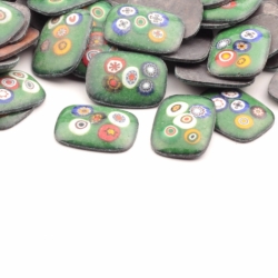 Vintage 21x16mm Czech lampwork millefiori green glass over metal cabochon mosaic tile jewelry making 1 piece