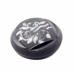 27mm Czech antique Victorian C19th metallic floral faux fabric black art glass button 