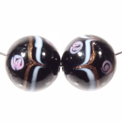 Lot (2) 15mm Czech lampwork glass beads white aventurine gold pink satin floral black