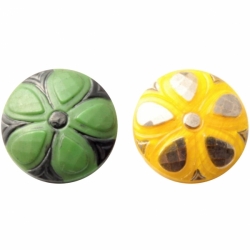 Lot (2) 18mm Czech vintage hand painted silvered daisy flower glass buttons 