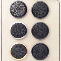 Sample card (6) 49mm large Czech Art Deco vintage black geometric star glass buttons